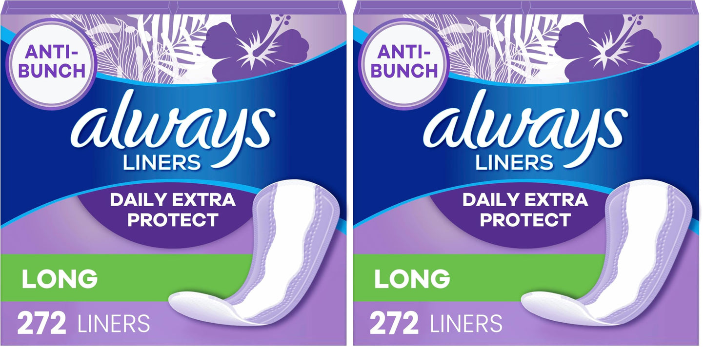 Always Daily Extra Protect Liners, Long Length, Unscented Panty Liners, 544 Count (Pack of 2)