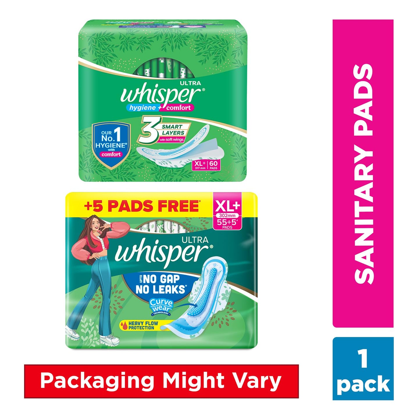 Whisper Ultra Clean Sanitary Pads for Women, XL Plus, Pack of 60 Napkins