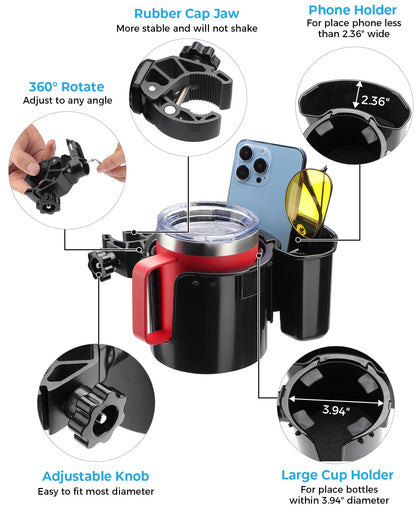 JOYTUTUS Wheelchair Cup Holder, 2-in-1 Walker Cup Holder with 6.4'' Large Storage Box, Drink Holder for Bottle with Handle, Fit for Wheelchair, Walker, Rollator, Stroller, Camper, Golf cart (Large)