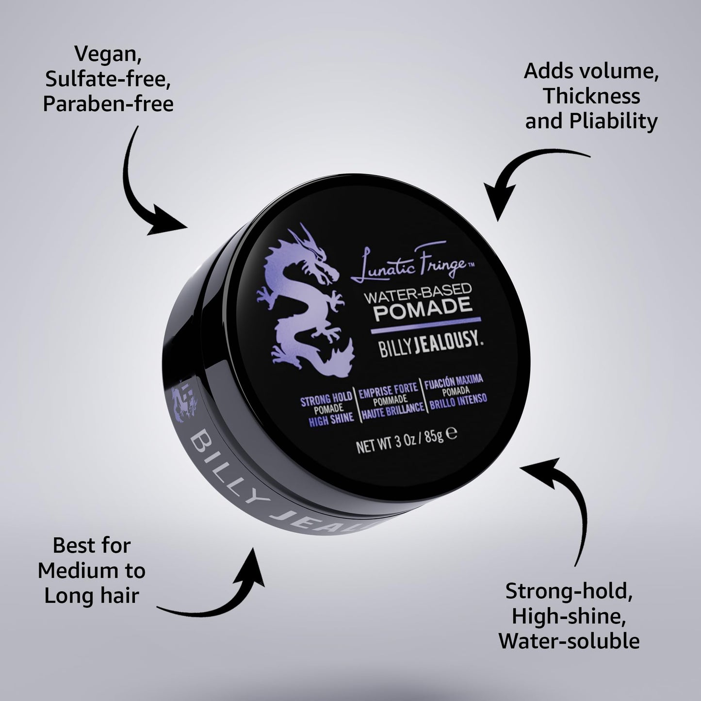 Billy Jealousy Lunatic Fringe Water-Based Pomade for Men, Strong Hold, High Shine, Water Soluble and Vegan Hair Product Ideal for Medium to Long Thick Mane, 3 oz