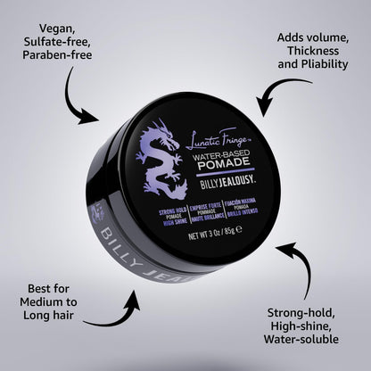 Billy Jealousy Lunatic Fringe Water-Based Pomade for Men, Strong Hold, High Shine, Water Soluble and Vegan Hair Product Ideal for Medium to Long Thick Mane, 3 oz