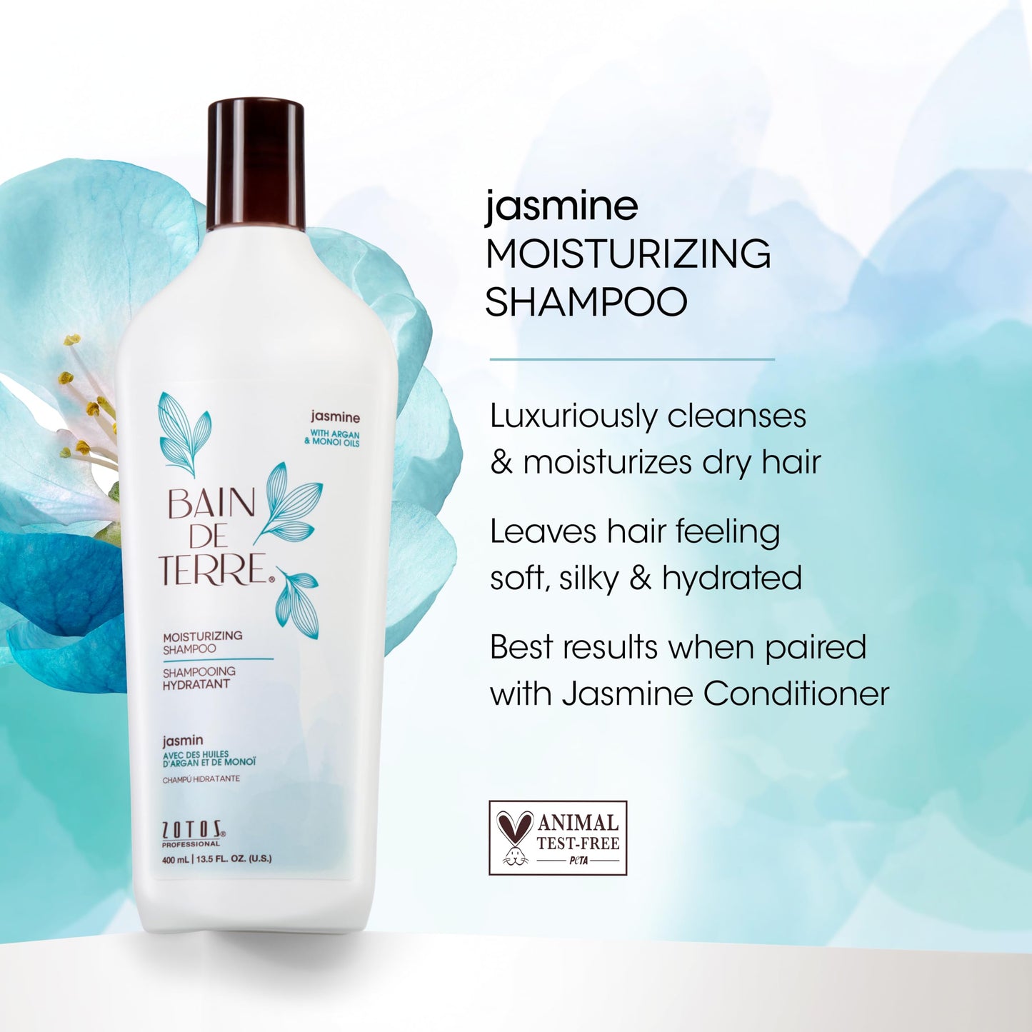 Bain de Terre Jasmine Moisturizing Shampoo, Luxurious Hydration for Dry Hair with Argan & Monoi Oils, Paraben-Free, Color-Safe, Vegan