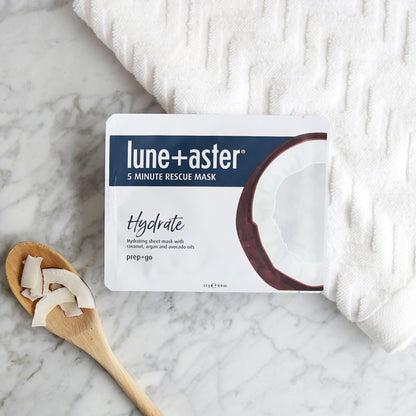 Lune+Aster 5 Minute Rescue Mask - Hydrate | Deeply Hydrating Sheet Mask with Hyaluronic Acid, Coconut, Argan and Avocado Oils. Made in Korea.