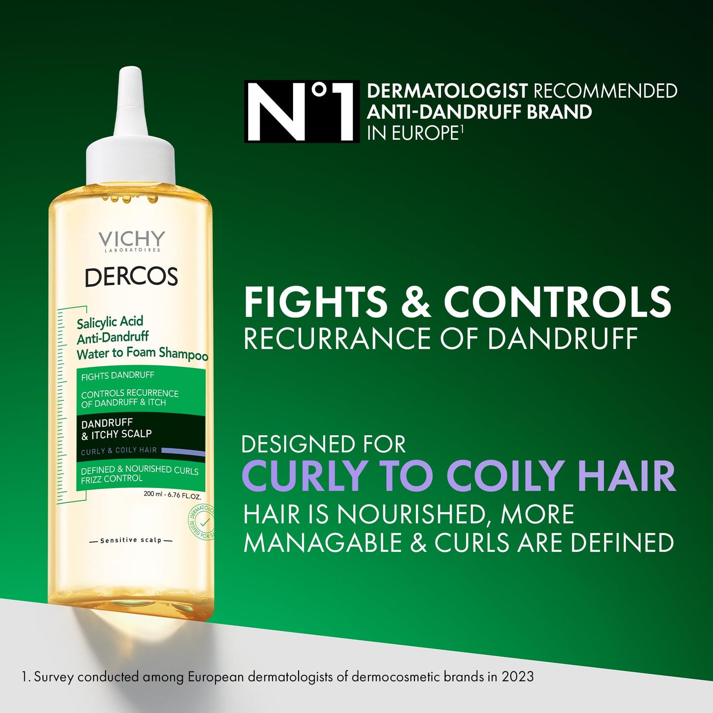Dercos Salicylic Acid Anti Dandruff Shampoo, 200 ml, Water to Foam Dandruff Shampoo and Itchy Scalp Treatment, Provides Definition & Frizz Control for Curly Hair Types, Sulfate Free
