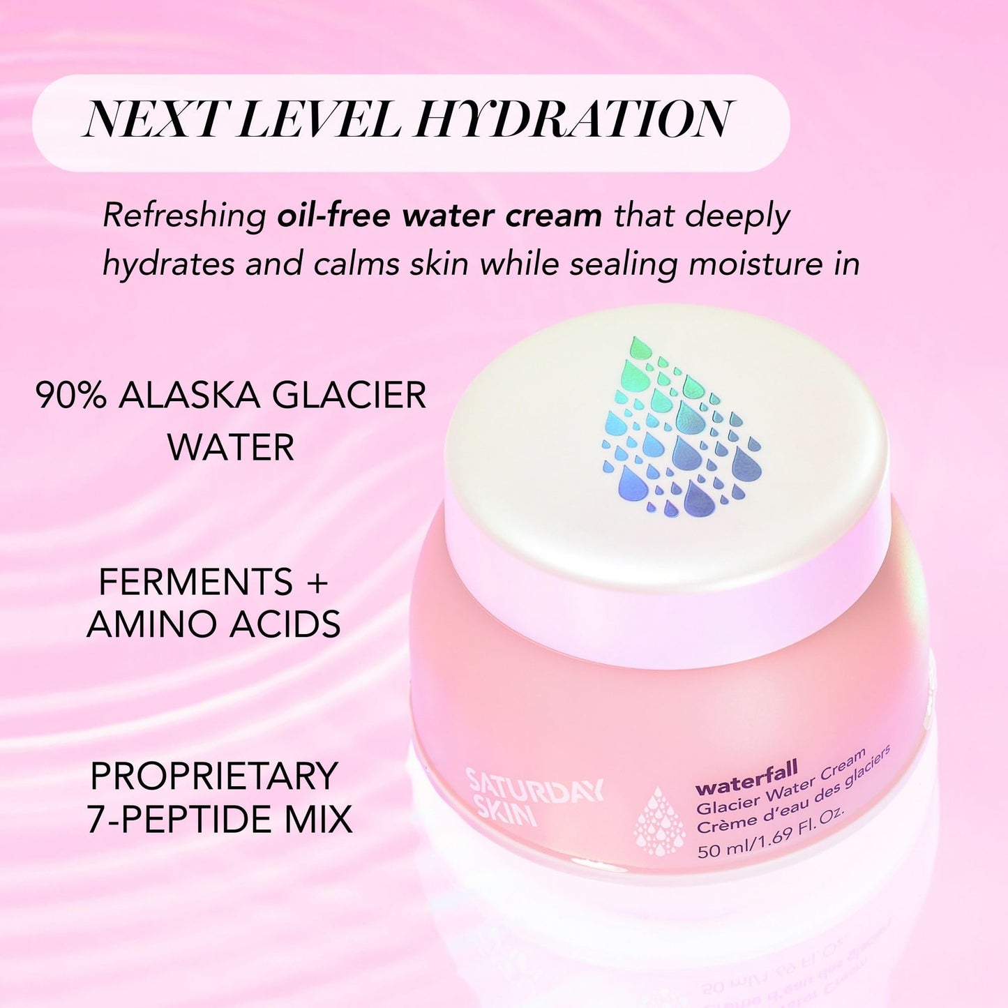 Saturday Skin Waterfall Glacier Water Face Cream – Oil Free Korean Face Moisturizer for Oily Skin, Lightweight Gel Face Moisturizer & Cute Moisturizer, Day & Night Korean Night Cream(1.69 Fl Oz/50ml)