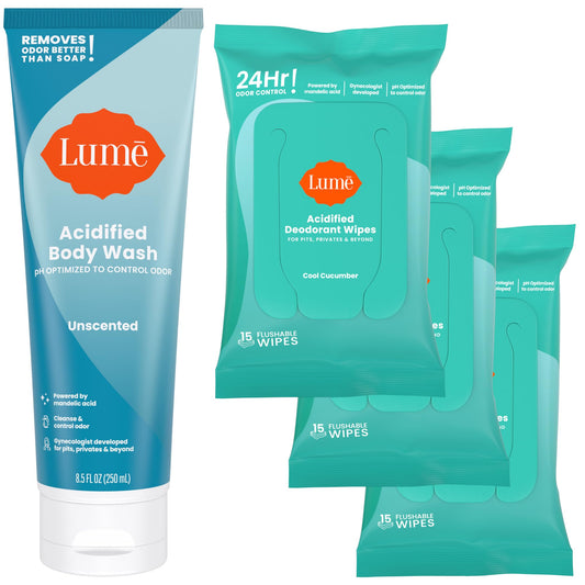 Lume Acidified Body Wash (Unscented) and Acidified Deodorant Wipes (Cool Cucumber) - 24 Hour Odor Control - Removes Odor Better than Soap - Moisturizing Formula - Aluminum Free, Baking Soda Free