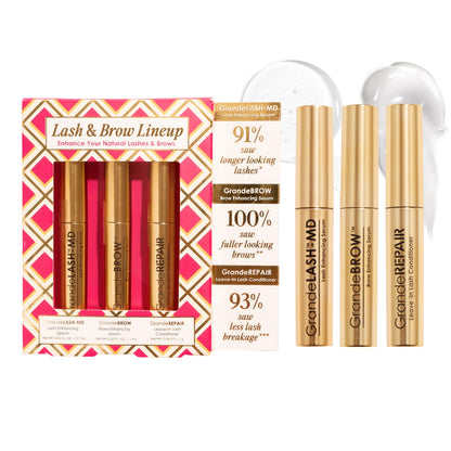 Grande Cosmetics Mini Lash & Brow Lineup - GrandeLASH-MD, GrandeBROW, GrandeREPAIR, for Longer, Thicker-Looking Eyelashes & Fuller, Bolder-Looking Eyebrows, Strengthens, Softens, & Protects