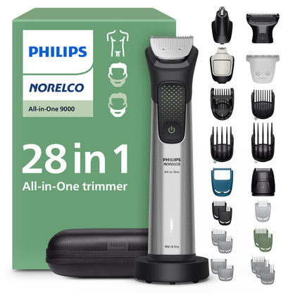 Philips Norelco All-in-One 9000 Series 28-Piece Trimmer - Electric Shaver and Clipper for Face, Beard, Head & Body, Self-sharpening Full Metal Blades, 27 Length Settings (0.5-20 mm), MG9585/49