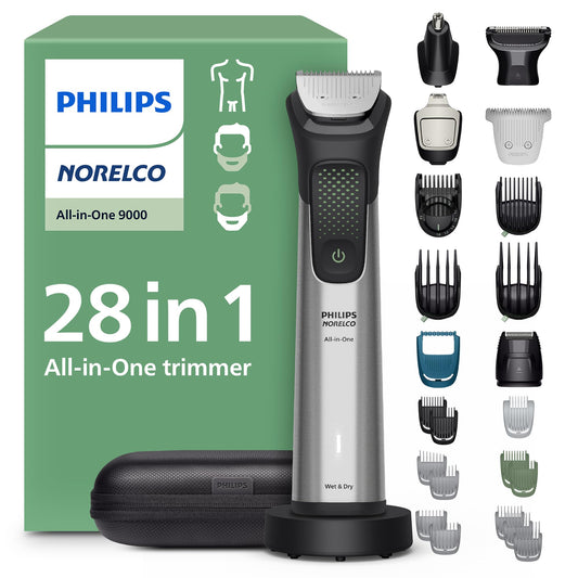 Philips Norelco All-in-One 9000 Series 28-Piece Trimmer - Electric Shaver and Clipper for Face, Beard, Head & Body, Self-sharpening Full Metal Blades, 27 Length Settings (0.5-20 mm), MG9585/49