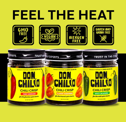 Don Chilio Mild Jalapeno Mexican Chile Crisp, 5 oz. – Crunchy Sliced Jalapenos Fried Chili Peppers in Hot Seasoned 100% Olive Oil – Keto-Friendly, Vegan, Gluten Free