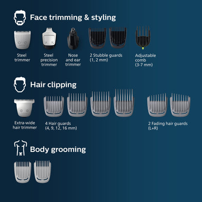Philips Norelco Multigroom 5000 Series, All-in-One Trimmer and Hair Clipper, 18-Piece Men's Grooming Kit for Beard, Face, Hair, Body and Intimate Areas, No Blade Oil Needed, Model MG5910/49