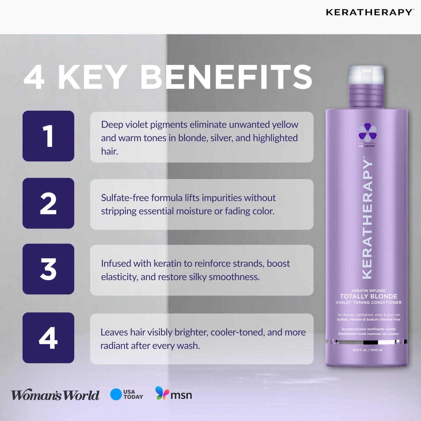 KERATHERAPY Keratin Infused Totally Blonde Violet Toning Conditioner, 33.8 fl. oz., 1000 ml - Keratin Therapy Purple Conditioner for Blonde Hair, Brassy, Silver, & Highlighted - Sulfate & Paraben Free