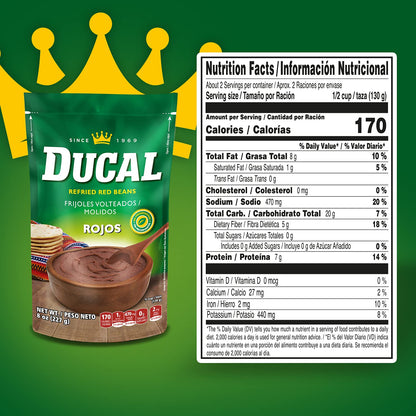 Ducal Refried Red Beans Pouch - Instant Vegetarian Refried Red Beans, Non-GMO And Gluten-Free - Excellent Source in Protein And Iron, Cholesterol Free, 14.1 Ounce (Pack of 18)