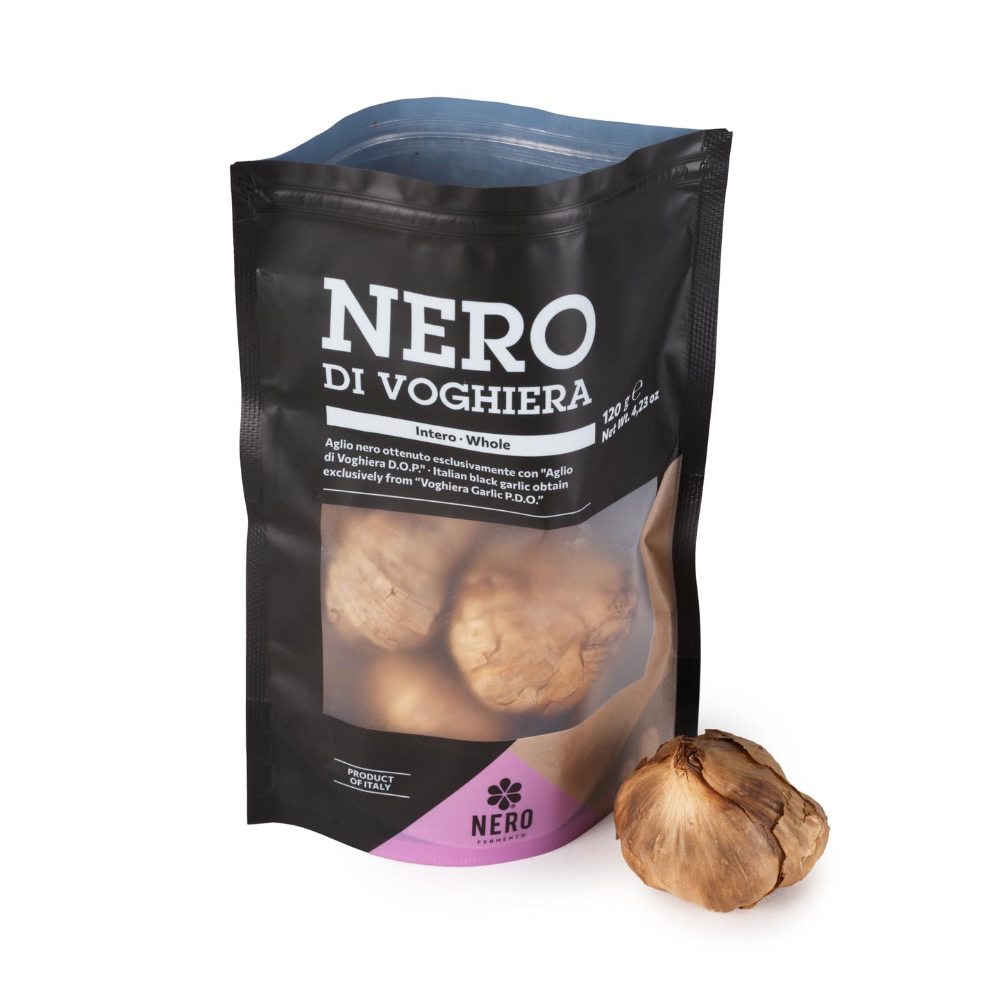 NERO FERMENTO Italian Black Garlic (from Voghiera, Italy), DOP Certification, 60-Day Aged, 4.23 oz (3-4 bulbs), Whole Fermented Black Garlic, Gourmet Superfood.