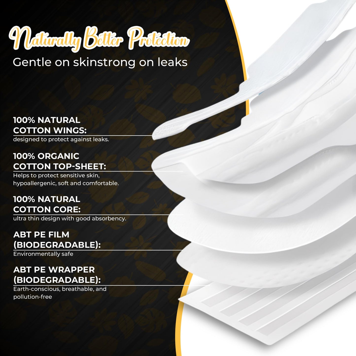 Biodegradable Sanitary Pads with Wings – Organic Cotton for Women | Overnight, Period, Organic Pads with 100% Cotton Topsheet- (335mm)