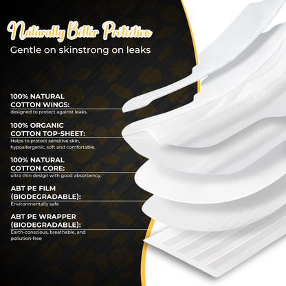 Biodegradable Sanitary Pads with Wings – Organic Cotton for Women | Overnight, Period, Organic Pads with 100% Cotton Topsheet- (335mm)