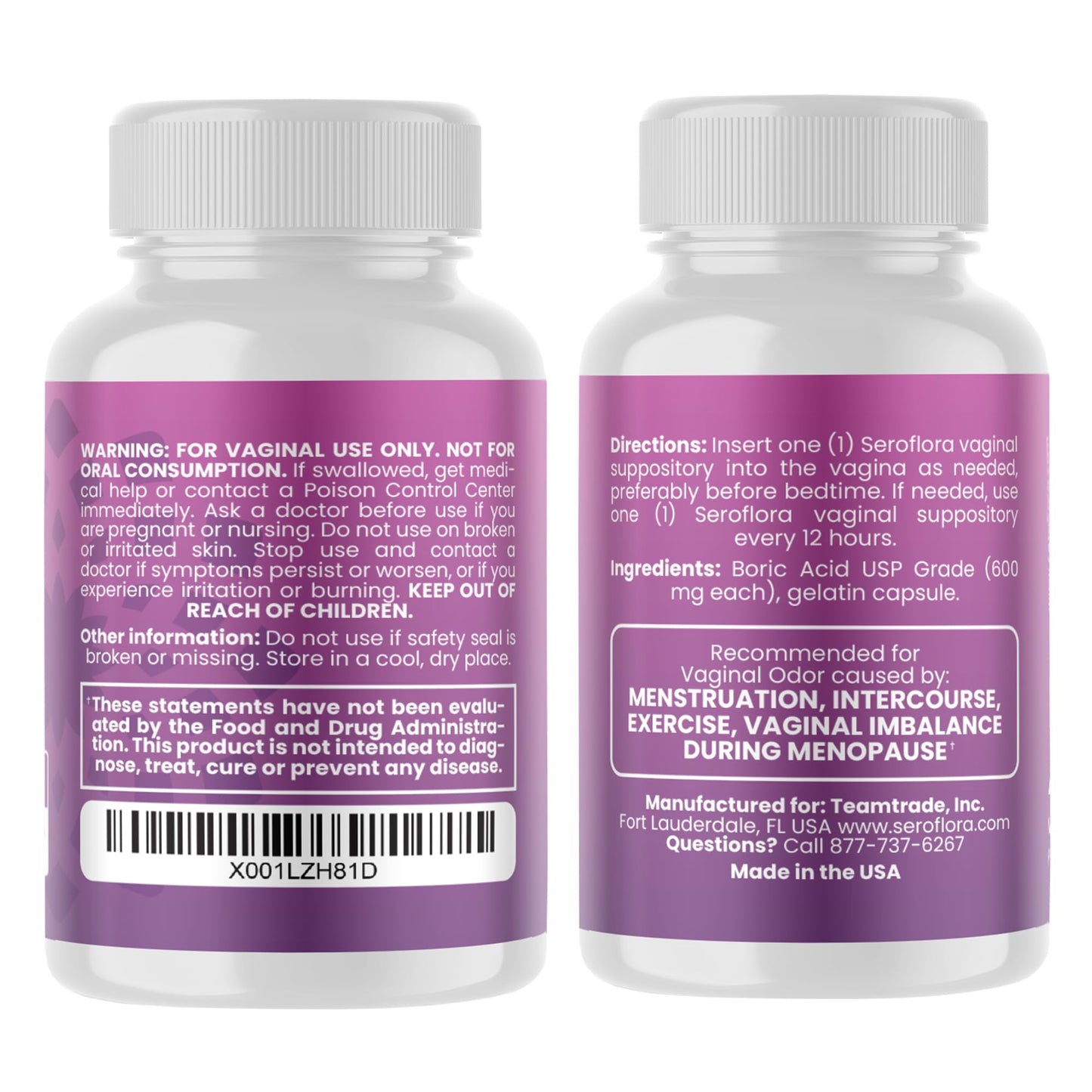 Seroflora Boric Acid 600mg Feminine Capsules, Feminine pH Support, Intimate Freshness for Women, Fast-Dissolving Capsules (30 Count) with Applicators (28 Count)