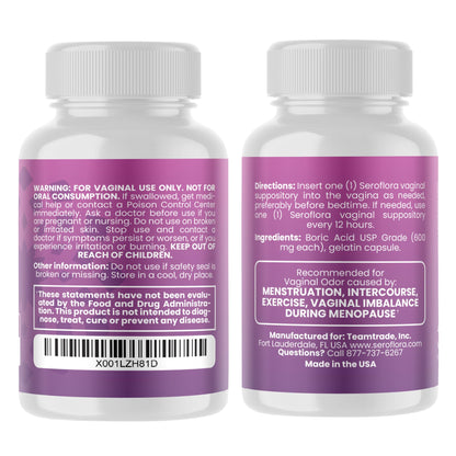 Seroflora Boric Acid 600mg Feminine Capsules, Feminine pH Support, Intimate Freshness for Women, Fast-Dissolving Capsules (30 Count) with Applicators (28 Count)