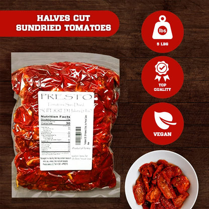 Tomatoes Sun-Dried, SUPER RED Halves, Ready to Eat Vegetables | Produced from fresh field-grown tomatoes, cut into halves | Nutrient Full, Delightful, Flavorful, Vegan, Pure | Turkish, 5 lbs. (80 oz.) Vacuum packed by Presto Sales LLC