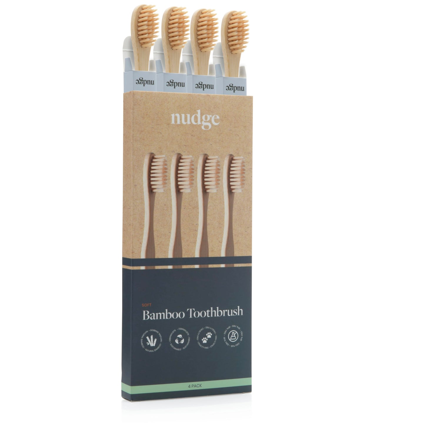 Nudge - Natural Bamboo Toothbrushes with Bamboo Bristles, Soft Bristles Toothbrush, Biodegradable, Eco-Friendly, Sustainable Material, BPA Free (Pack of 4)