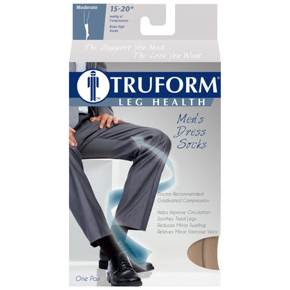 Truform Compression Socks, 15-20 mmHg, Men's Dress Socks, Knee High Over Calf Length, Tan, Medium