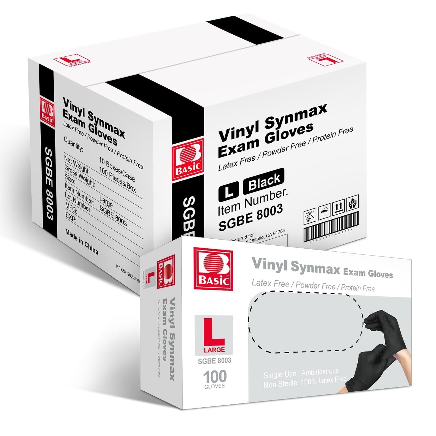 Intco Basic Disposable Medical Synmax Vinyl Exam Gloves- 4 mil Safty Glove 1000 pcs - Latex-Free & Powder-Free - SGBE 8003, Large (Case of 1000, Black)