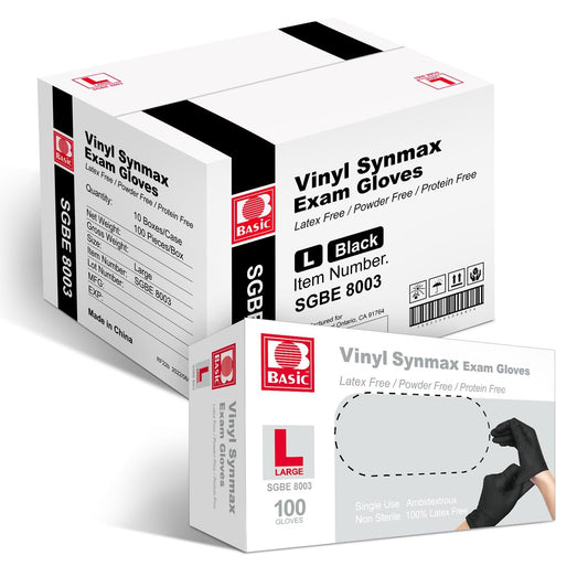 Intco Basic Disposable Medical Synmax Vinyl Exam Gloves- 4 mil Safty Glove 1000 pcs - Latex-Free & Powder-Free - SGBE 8003, Large (Case of 1000, Black)
