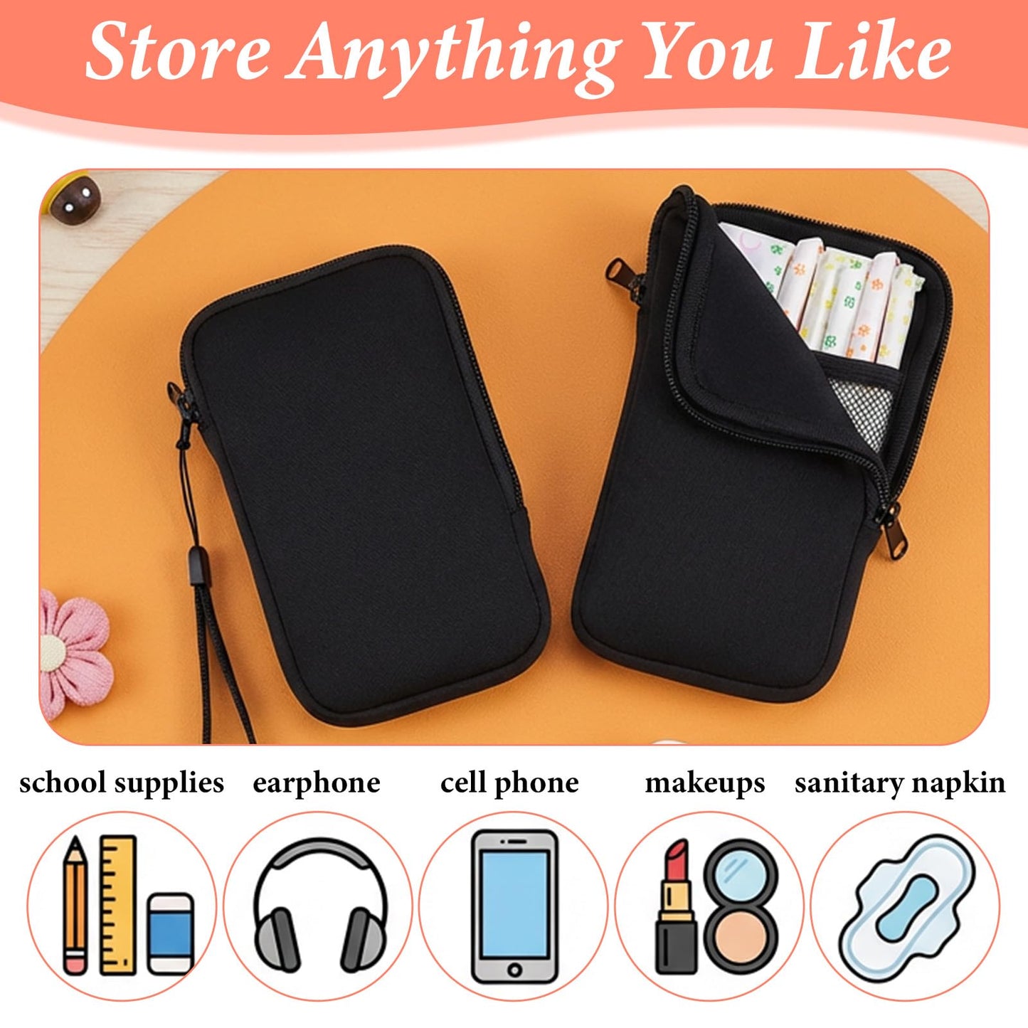 1 Pc Tampon Pouch, Portable Tampon Holder for Purse, Neoprene Tampon Bag with Strap, Travel Friendly Discreet Period Bag for Feminine Products, Waterproof Pad Bag, Black (Bag Only)