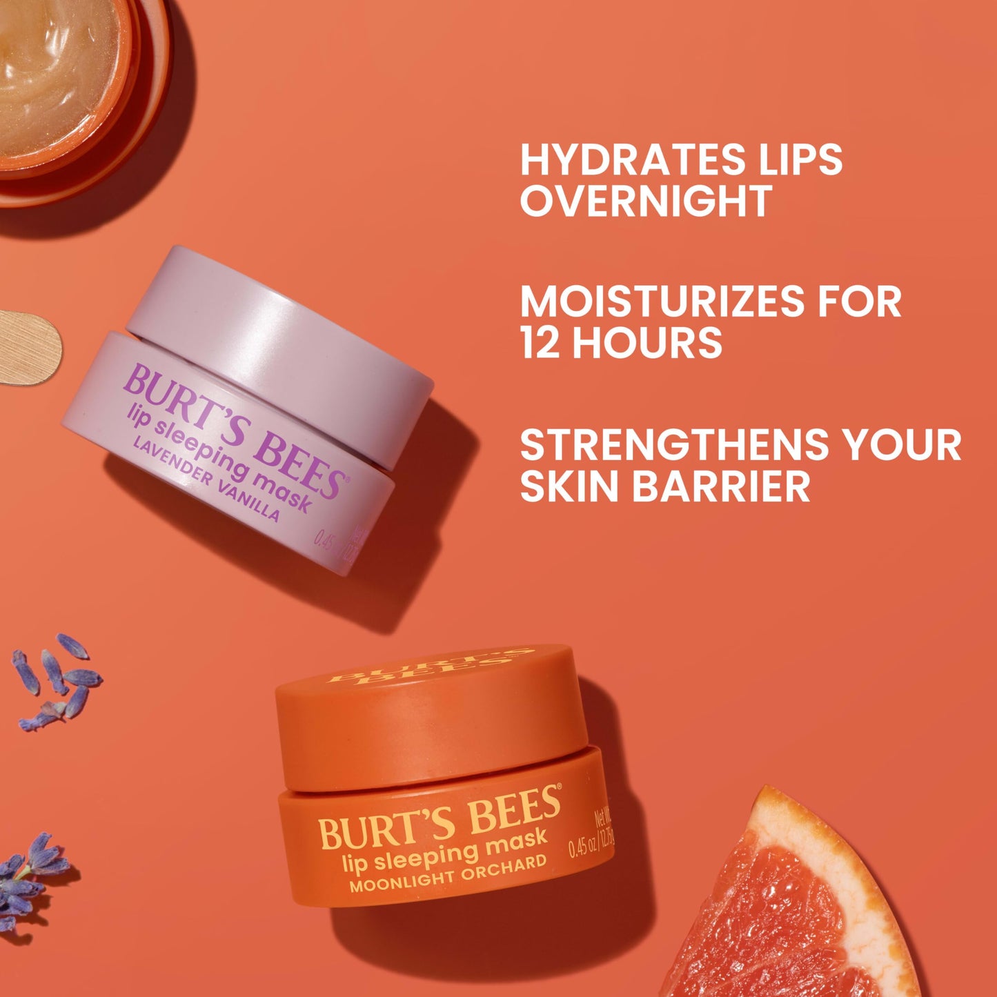 Burt’s Bees Lavender Vanilla Lip Sleeping Mask, With Hyaluronic Acid and Squalane Moisturizer To Instantly Hydrate Lips, Overnight Mask and Treatment, 0.45 oz.