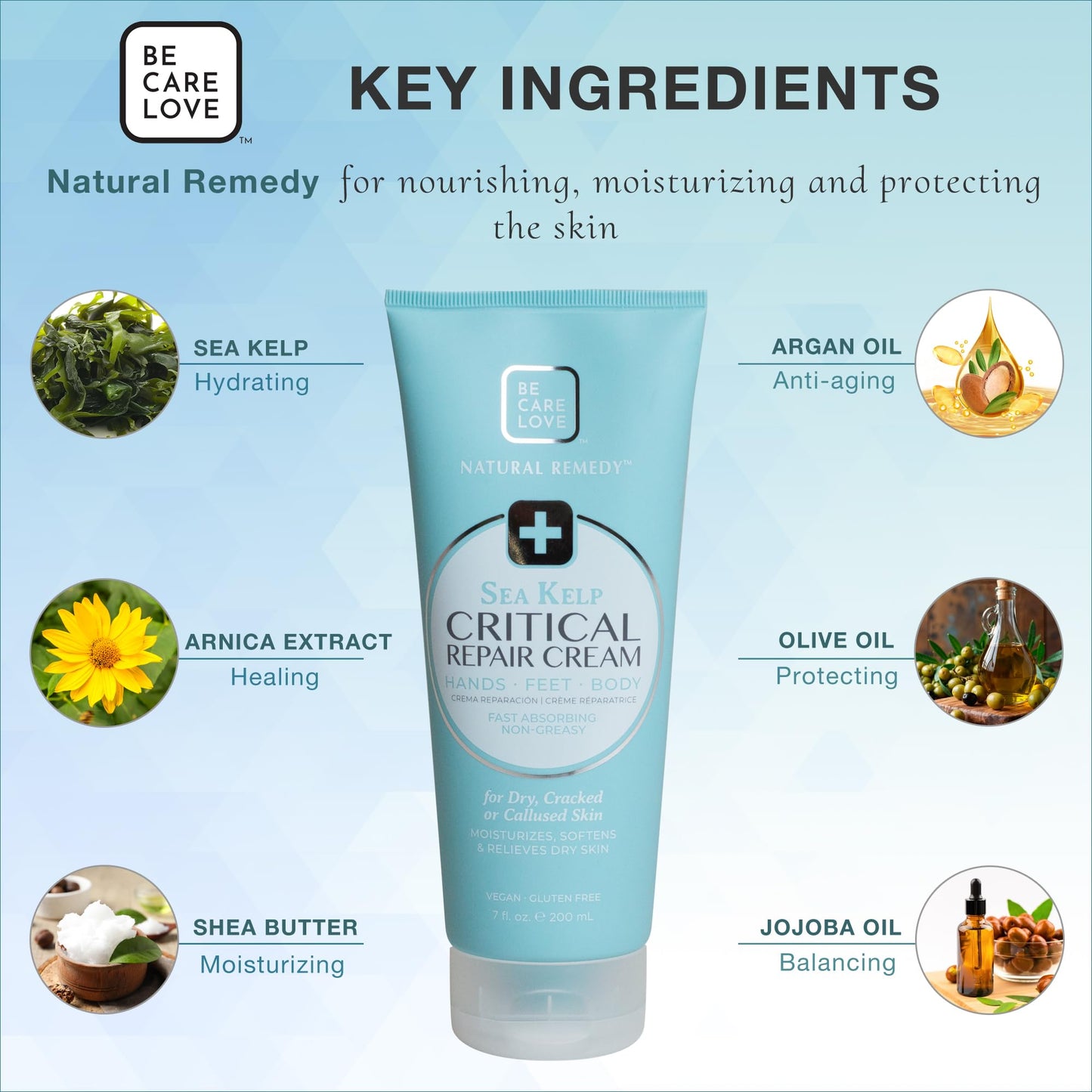 BCL Spa Critical Repair Cream with Organic Arnica Flower + Sea Kelp, intensely hydrating Argan Oil + Shea Butter to soothe + soften skin. 7 Fl Oz