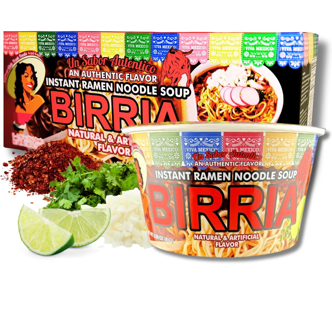 Birria Instant Ramen Noodle Soup, Authentic Mexican BirriaSopa, No Trans Fat, 9g Protein, Ready to Eat 3 Minute Meal, 6-Pack of 2.82oz Spicy Ramen Bowls