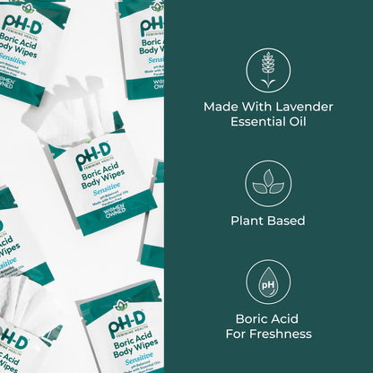 pH-D Feminine Health Support - Boric Acid Wipes - Holistic Body Wipes - Travel Friendly, pH-Balanced, Paraben-Free, and Made with Essential Oils - Sensitive - 20 count