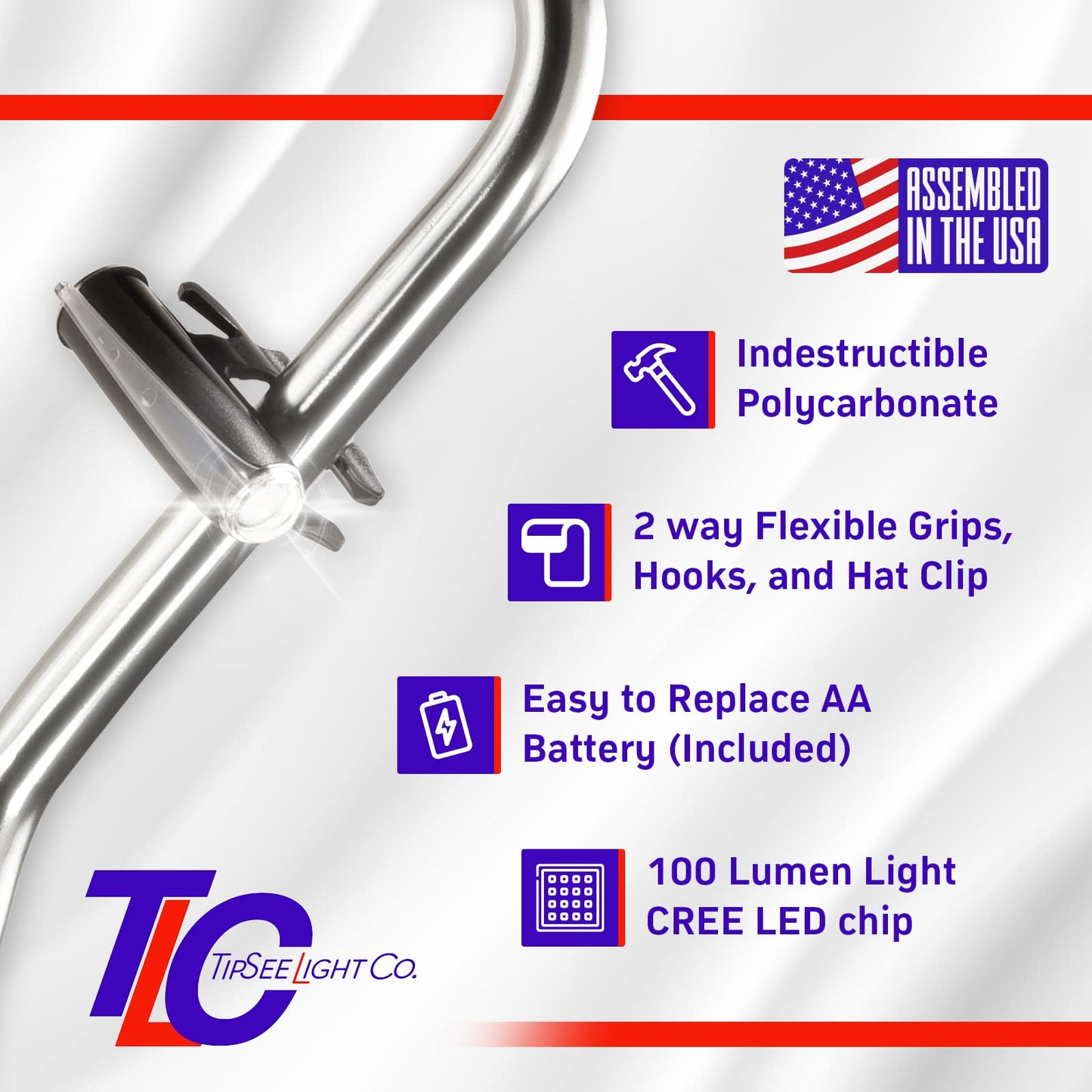 Cane-Lite LED Light, 100 Lumen Clip-On Flashlight for Canes, Walker Accessories, Wheelchairs, Hands-Free, Water Resistant, AA Battery, Night Safety Mobility Light for Elderly, Senior Walking Aid