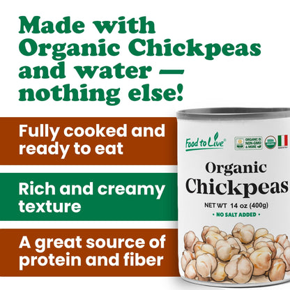 Food to Live Organic Canned Chickpeas, 14 oz (Pack of 4) - Unsalted Non-GMO Garbanzo Beans. Vegan. USDA Certified Organic. Good Source of Fiber and Protein. Wholesale. Made in Italy