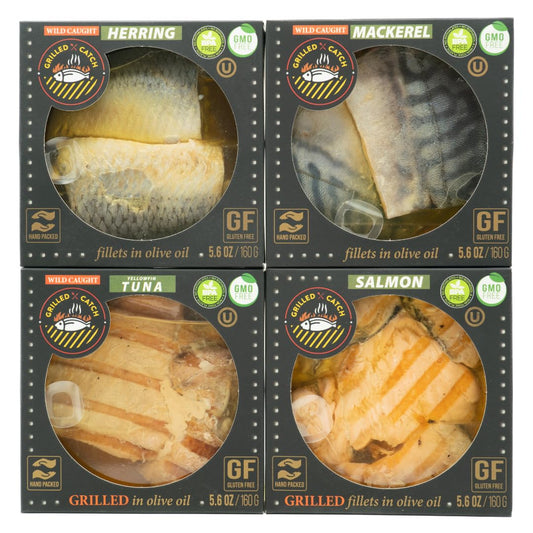 Grilled Catch Canned Fish Variety Pack – Wild Caught Mackerel, Grilled Salmon, Yellowfin Tuna & Herring in Olive Oil, Kosher, Gluten Free, High Protein