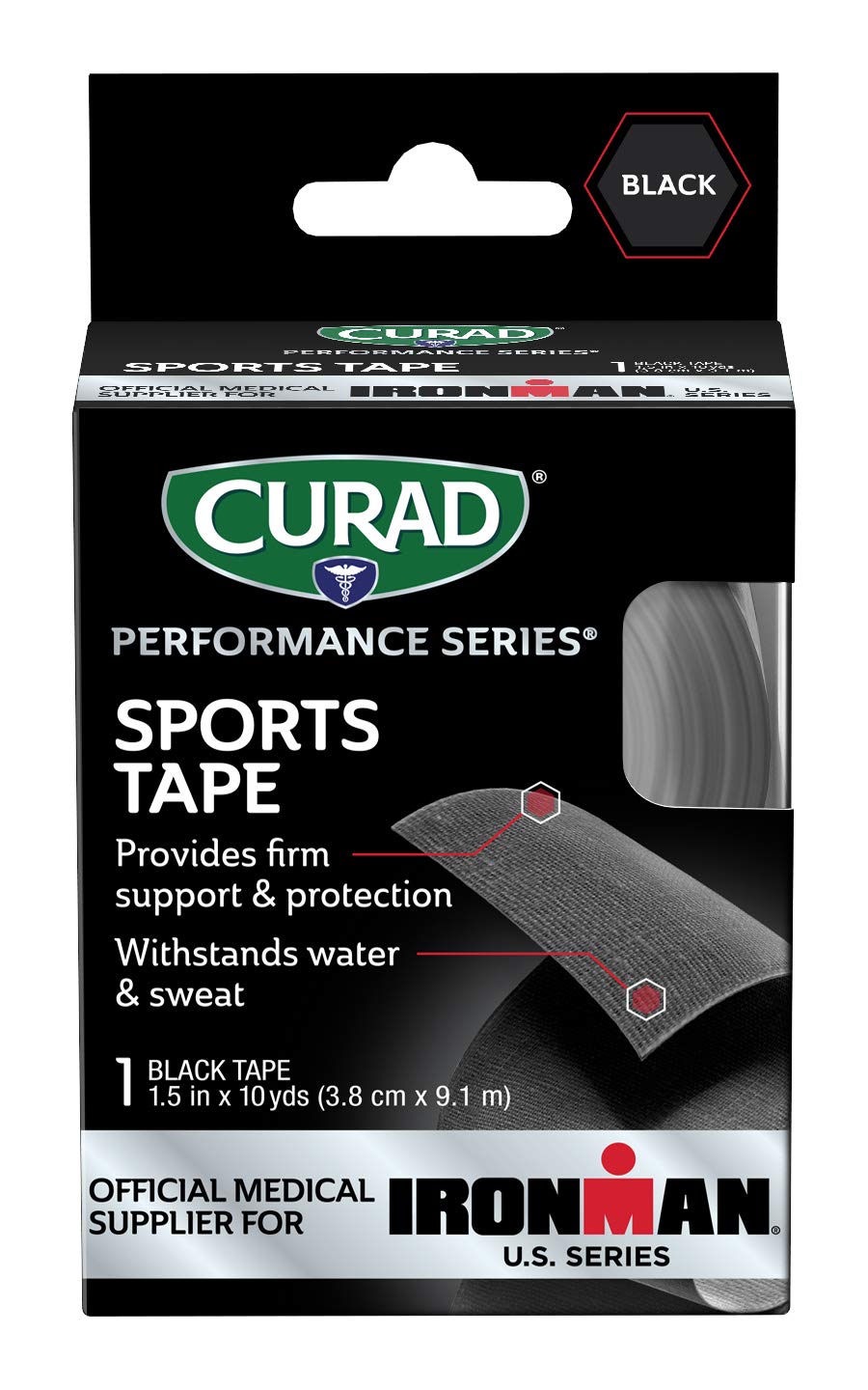CURAD Performance Series Ironman Sports Tape, 1.5-Inch x 10-Yard Roll, Black, One