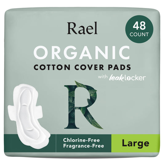 Rael Pads for Women, Organic Cotton Cover - Period Pads with Wings, Feminine Care, Sanitary Napkins, Heavy Absorbency, Unscented (Large, 48 Count)