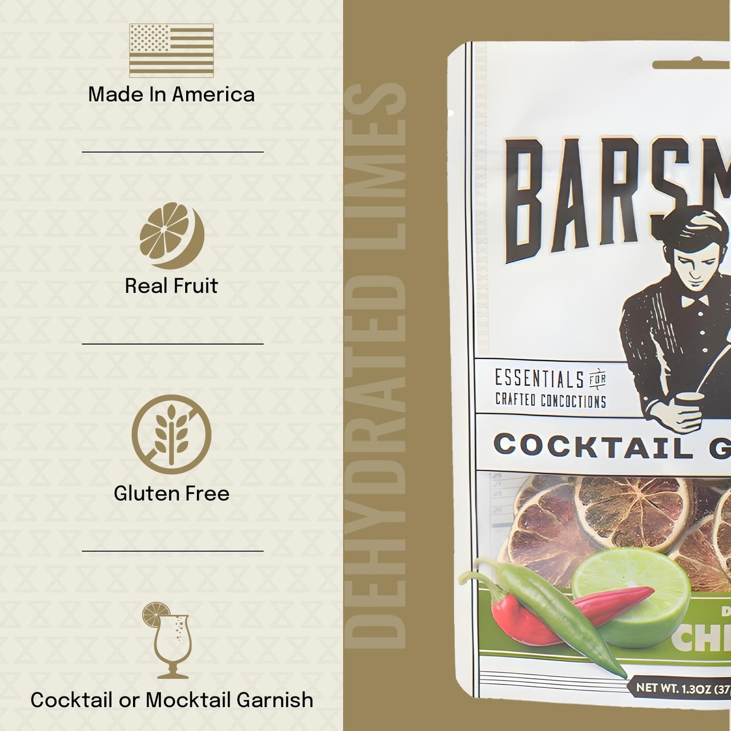 Barsmith Dehydrated Chile Limes Slices - Made using 100% Real Chiles & Limes - Subtle Heat & Tangy Citrus Flavor - Perfect As Mocktail & Cocktail Grainsh - Ideal For Home & Bar Use - 1.3oz (Pack of 1)