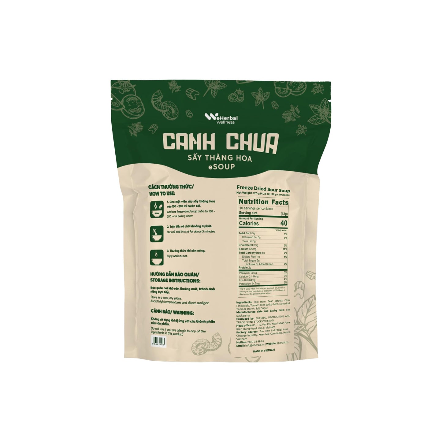 eHerbal Instant Freeze-Dried Sour Tomato Soup Cubes | Authentic Vietnamese Cuisine from Real Fresh Vegetables | Vegan, Quick & Delicious | 10 Servings, 120g (4.23oz)