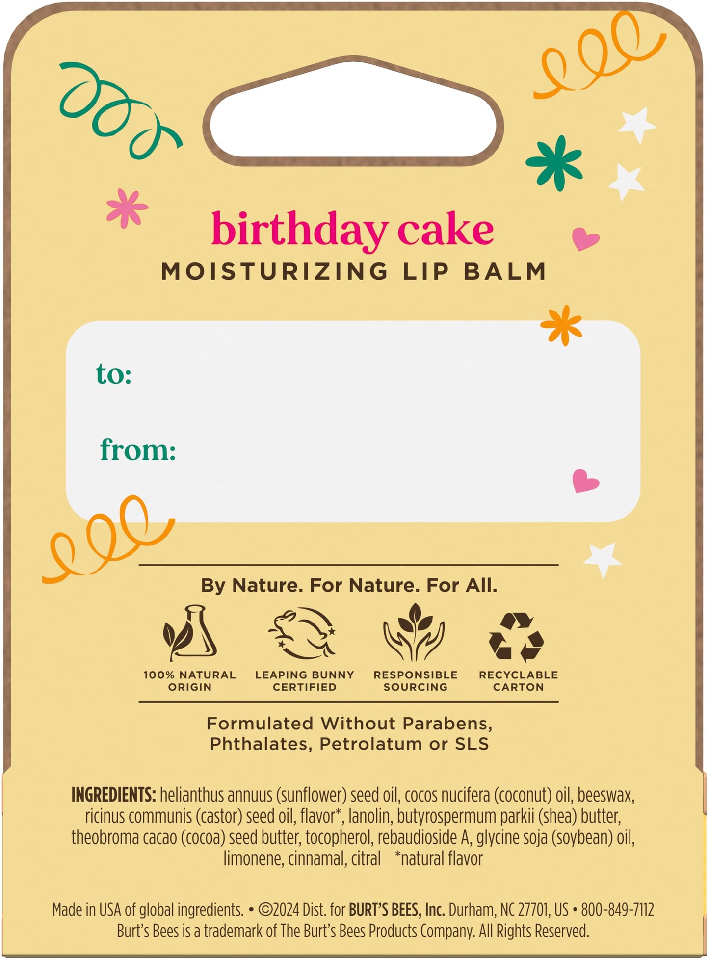 Burt's Bees Birthday Cake Lip Balm, Tint-Free, Natural Origin Lip Care, 1 Tube, 0.15 oz.