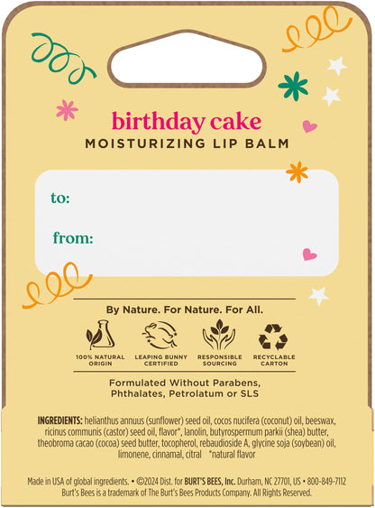 Burt's Bees Birthday Cake Lip Balm, Tint-Free, Natural Origin Lip Care, 1 Tube, 0.15 oz.