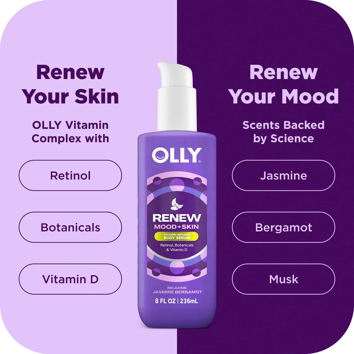 OLLY Renew Body Lotion-Serum with Vitamin D, Retinol & Botanicals – Nourishing Cleanser for Skin Barrier Repair, Deep Hydration, Jasmine Bergamot Scent, 8oz