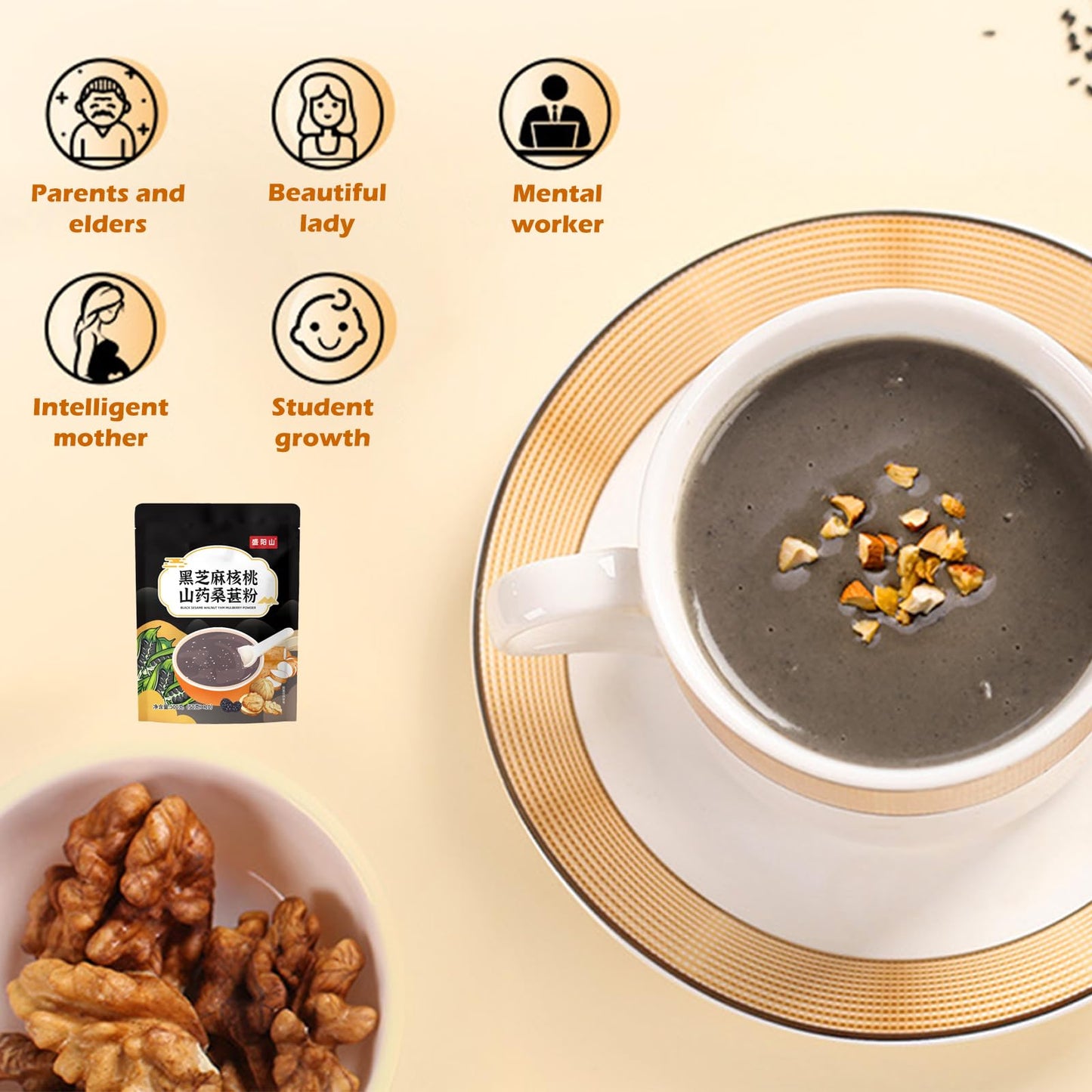 Black Sesame Walnut Mulberry Powder Soup, Chinese Yam Instant Porridge,Black Sesame and Walnut Mixed Powder Congee, Portable Drink for Breakfast Dinner （500g/1.10lbs）