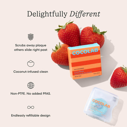 Cocofloss Woven Dental Floss, Dentist-Designed Oral Care, Strawberry Scent, Waxed, Expanding, Kid-Friendly String Floss with Coconut Oil, 1 Spool (33 yd)
