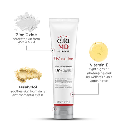 EltaMD UV Active Mineral Sunscreen with Zinc Oxide, SPF 50+, Water Resistant Sunscreen Up to 80 Minutes, 3.0 oz Tube