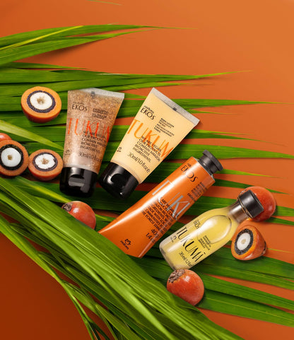 natura – Tukumã Hyaluronic Acid Boosting Brazilian Set (4 Travel Size Products) - Exfoliating Shower Gel, Biphase Shower Oil, Body Lotion and Hand Cream- Anti-Aging - Vegan Skin Care