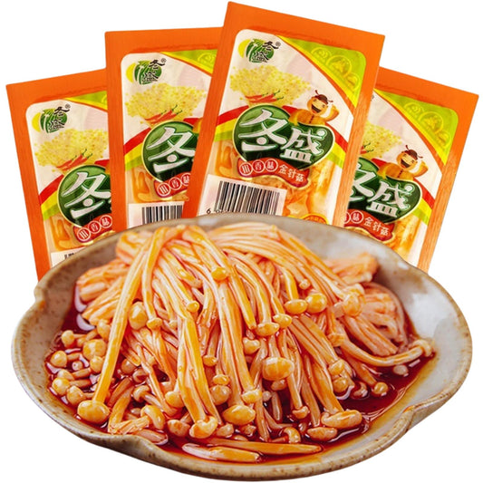 Noble Createaprototype Spicy Enoki Mushroom Snack, Chinese Style Chili Oil Pickled Mushrooms, Ready to Eat, Vegan, Gluten Free