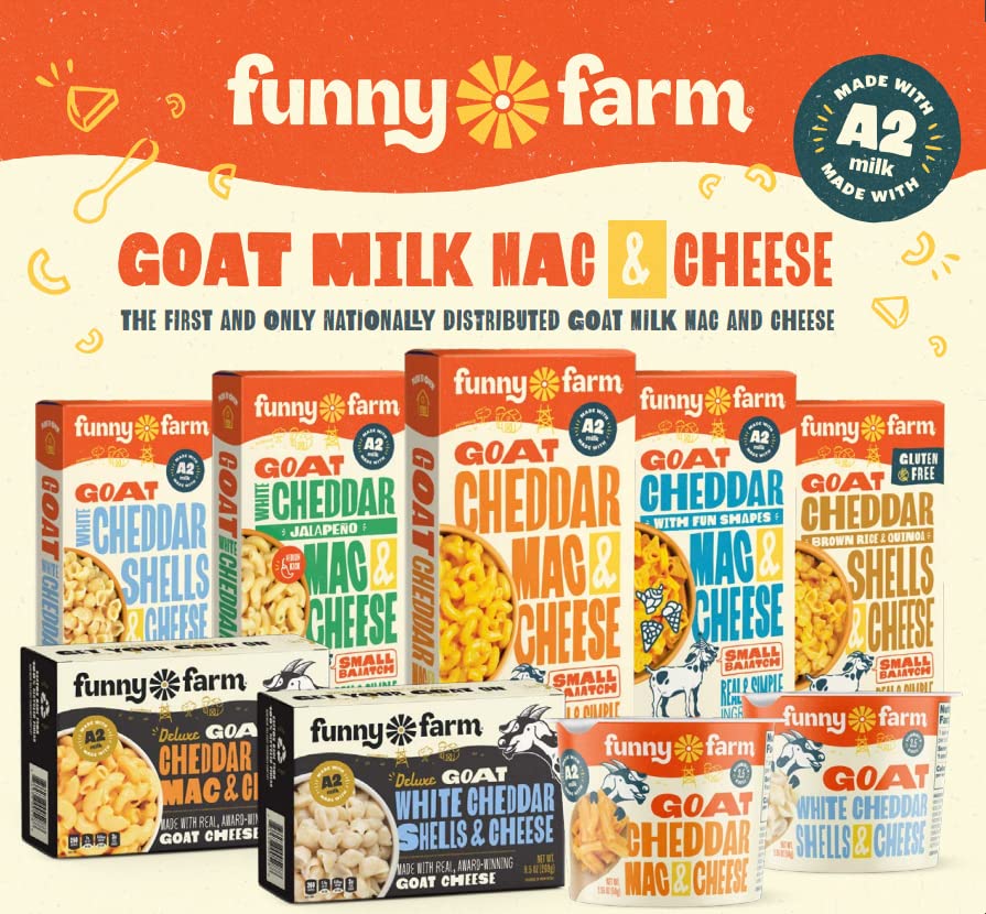 Funny Farm A2 Milk Macaroni and Cheese | Pasta with White Cheddar Flavor - Goat Cheese Mac and Cheese Dinner Bundle (Bulk 8 Pack) | A2 Goat Milk Cheese Pasta Sauce Packet with Elbow Macaroni Noodles - Goats Milk Based White Cheddar Mac n Cheese