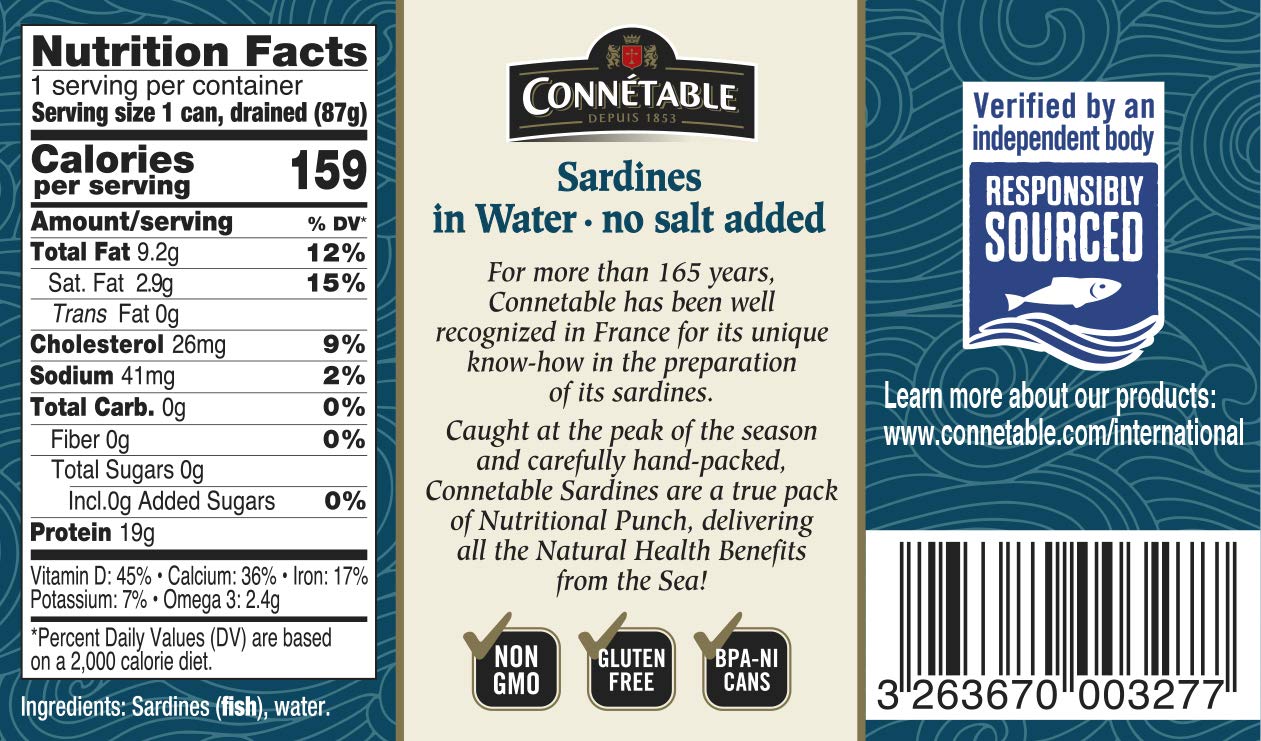 Sardines | Connetable | Sardines in Water | No salt added | 4.375 Ounce | Pack of 12