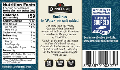 Sardines | Connetable | Sardines in Water | No salt added | 4.375 Ounce | Pack of 12
